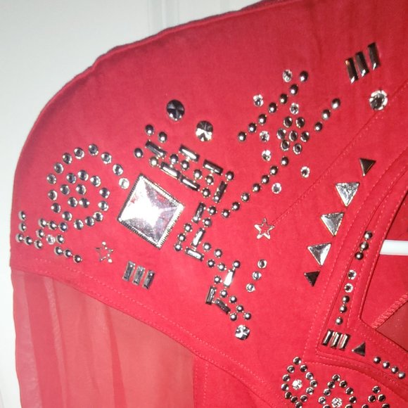 Vintage 1990's Shamash & Yofi Creations Adorned Red Jumpsuit with Sheer Sleeves - Picture 7 of 13